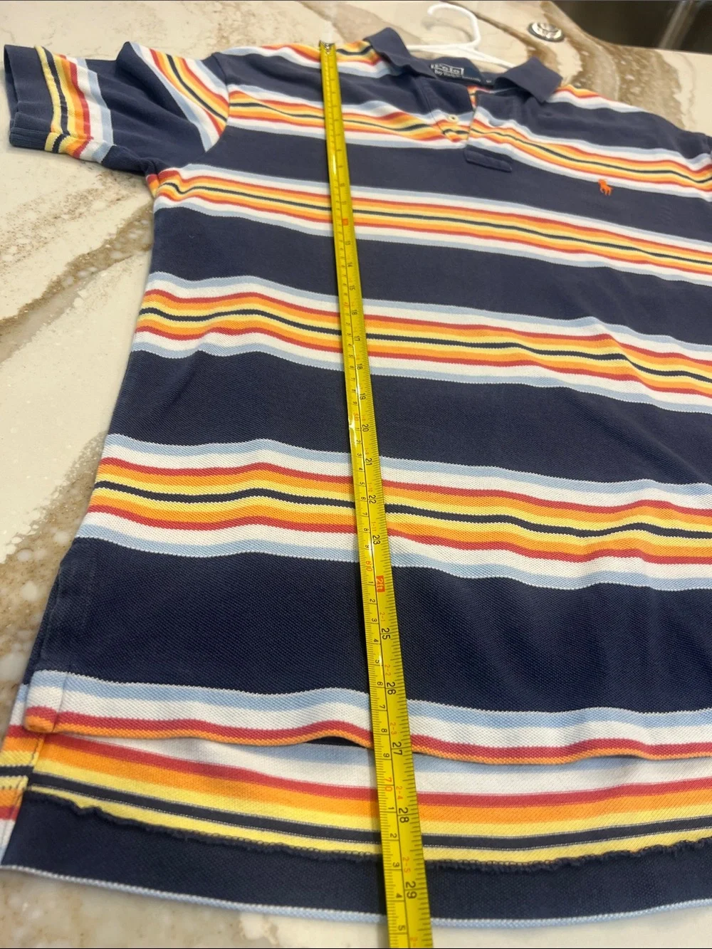 Polo by Ralph Lauren Navy Polo with Yellow, Red and Light Blue Stripes Medium